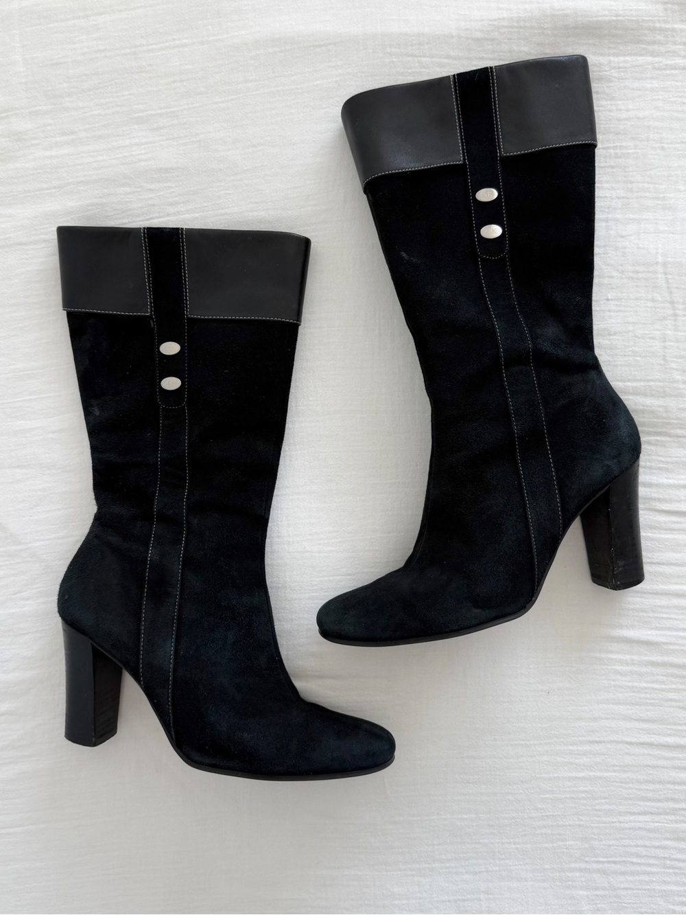 Y2K Black Suede Mid-Calf Heeled Boots